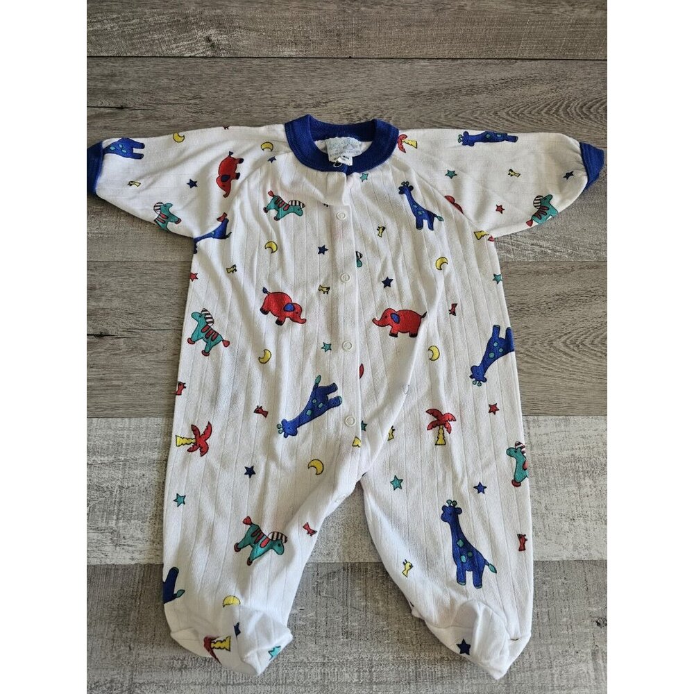 Vtg Hang in There Tom Togs Baby Boy Zoo Animals One Piece Footed 0-3 Mos